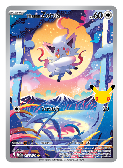Pokémon TCG 30th Celebration Hisuian Zorua card artwork shown with Pokémon TCG 30th Celebration 5 Booster Tin