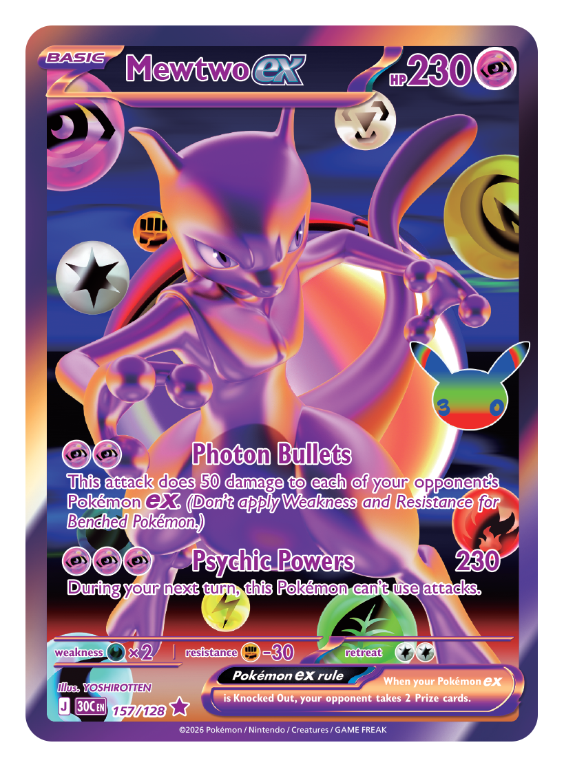 Pokémon TCG 30th Celebration Mewtwo ex card artwork shown with Pokémon TCG 30th Celebration 5 Booster Tin