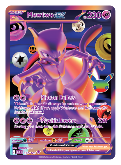 Pokémon TCG 30th Celebration Mewtwo ex card artwork shown with Pokémon TCG 30th Celebration 5 Booster Tin