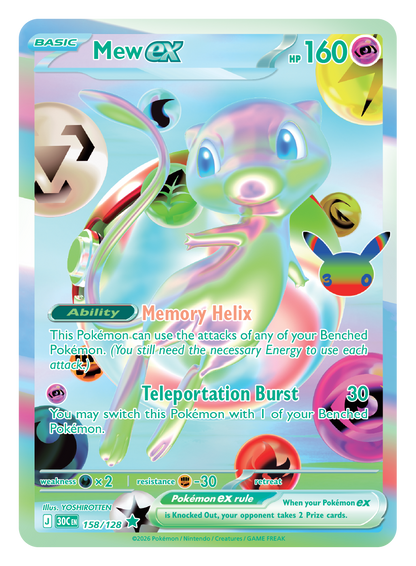 Pokémon TCG 30th Celebration Mew ex card artwork shown with Pokémon TCG 30th Celebration 5 Booster Tin