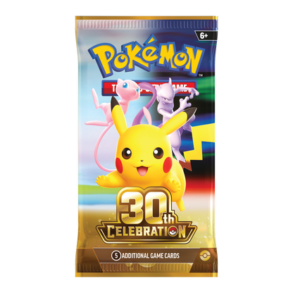 Pokémon TCG 30th Celebration booster pack wrapper shown with Pokémon TCG 30th Celebration 5 Booster Tin