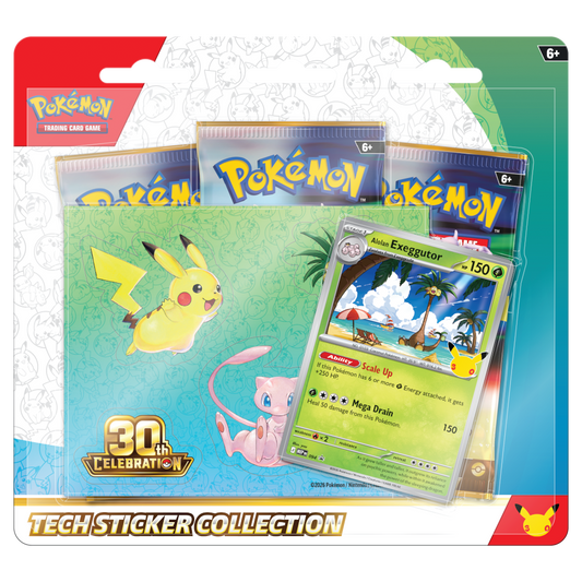 Pokémon TCG 30th Celebration Tech Sticker Collection featuring Alolan Exeggutor product packaging