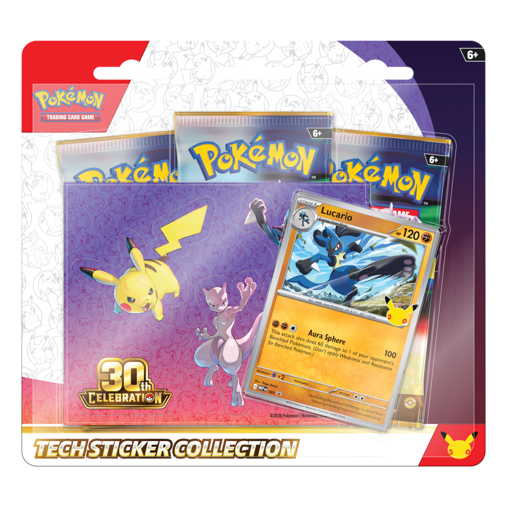 Pokémon TCG 30th Celebration Tech Sticker Collection featuring Lucario product packaging