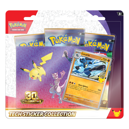 Pokémon TCG 30th Celebration Tech Sticker Collection featuring Lucario product packaging