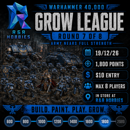 Promotional graphic for the Warhammer 40,000 Grow League R&R Hobbies tournament, showing a battle scene with Space Marine figures and vehicles, along with event details such as round 7 of 8, army nears full strength, entry price, date, points, and store location.