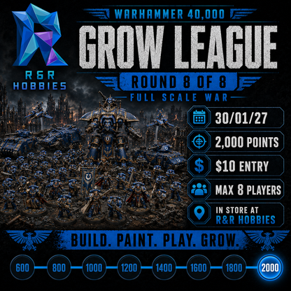 Promotional graphic for the R&R Hobbies Warhammer 40,000 Grow League, Round 8 of 8 Full Scale War. The image features a detailed sci-fi battle scene with Space Marine warriors and a giant War Machine, set against a dark, atmospheric background.