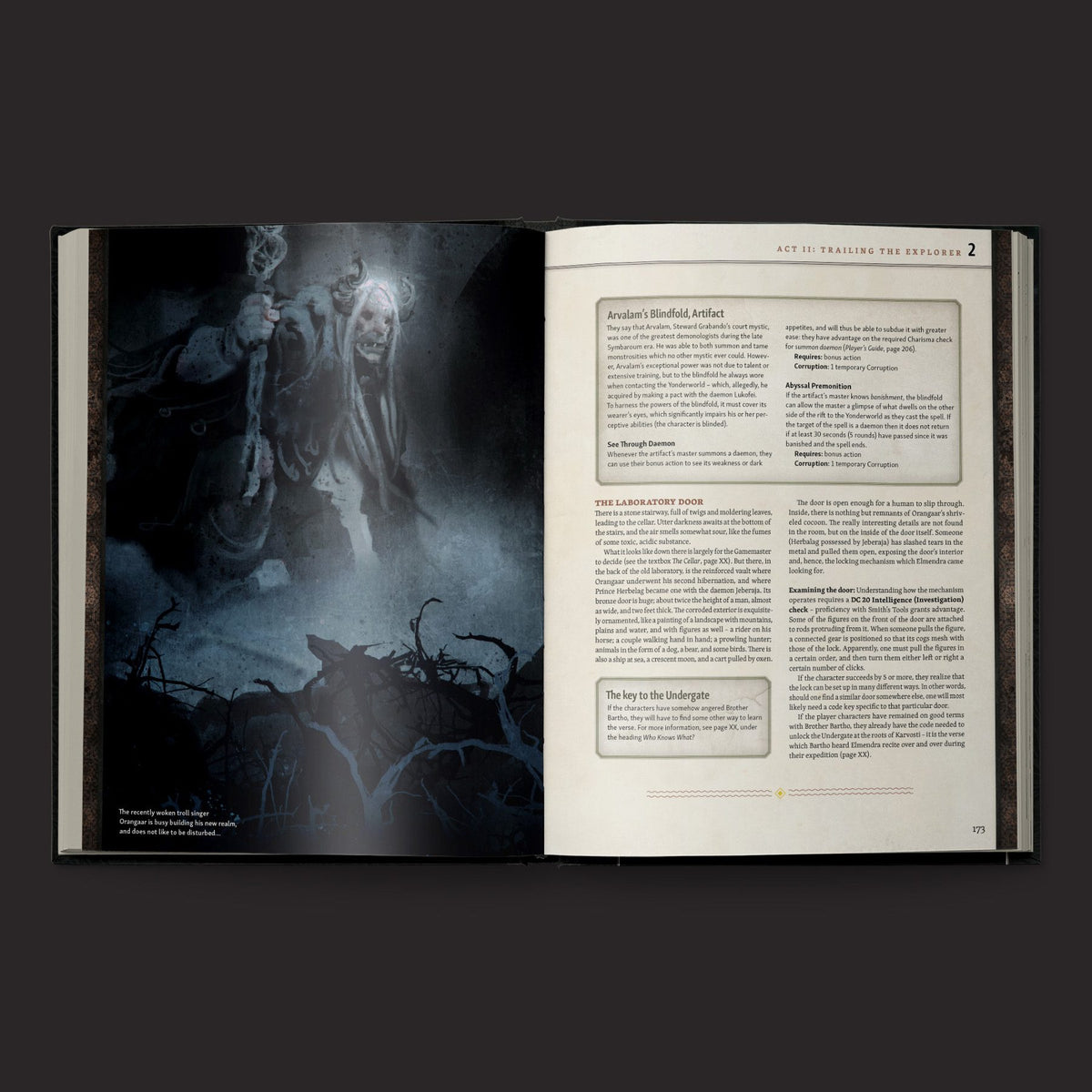 Ruins of Symbaroum 5E, The Throne of Thorns I interior rules and artwork spread 6