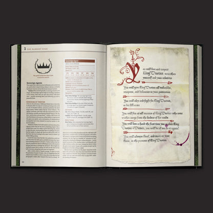 Ruins of Symbaroum 5E, The Throne of Thorns II interior rules and artwork spread 1
