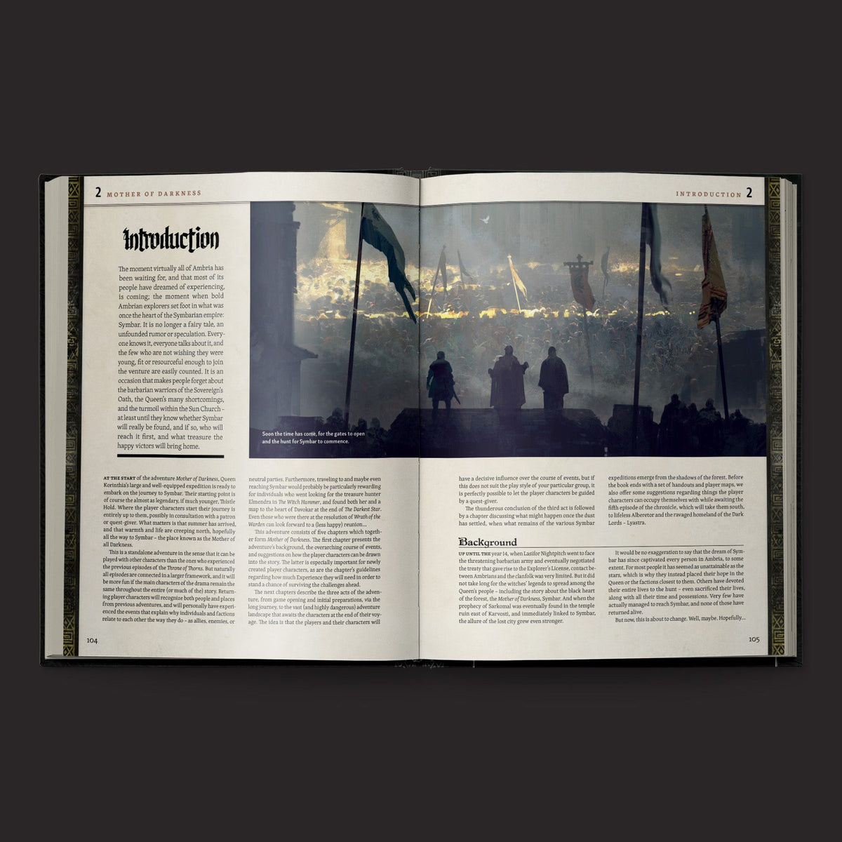 Ruins of Symbaroum 5E, The Throne of Thorns II interior rules and artwork spread 5