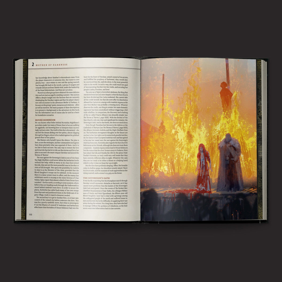 Ruins of Symbaroum 5E, The Throne of Thorns II interior rules and artwork spread 6