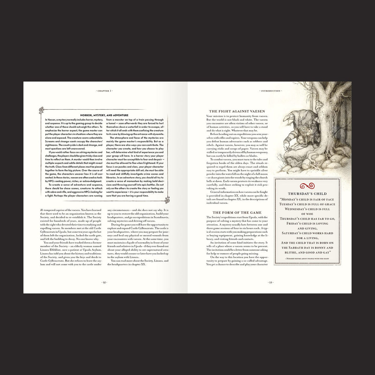 Vaesen Nordic Horror Roleplaying Core Rulebook interior rules and artwork spread 2
