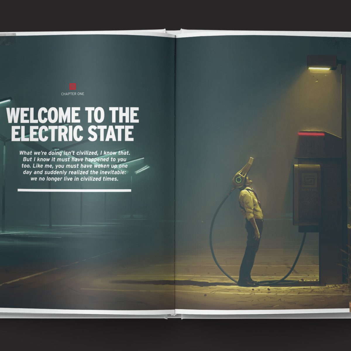 The Electric State RPG, Core Rulebook interior rules and artwork spread 1