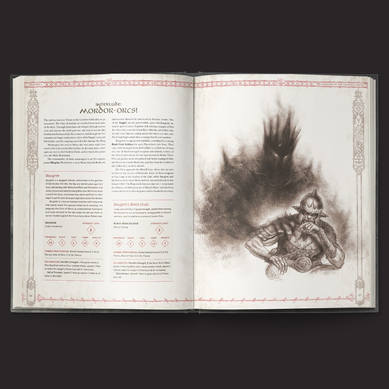 The One Ring RPG, Hands of the White Wizard interior rules and artwork spread 3