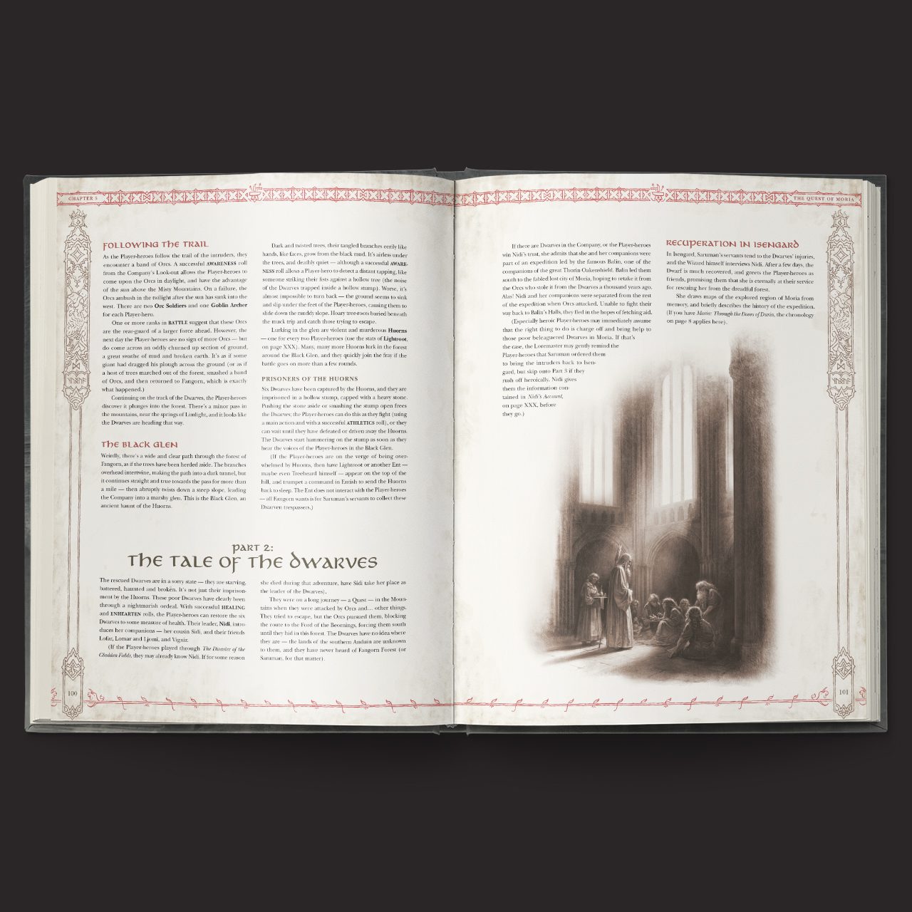 The One Ring RPG, Hands of the White Wizard interior rules and artwork spread 5