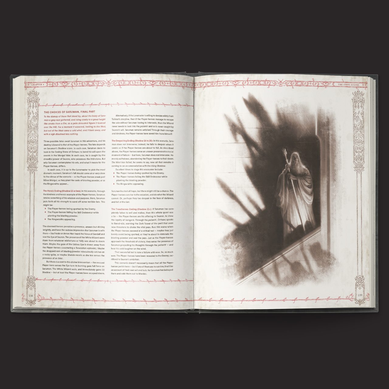 The One Ring RPG, Hands of the White Wizard interior rules and artwork spread 6