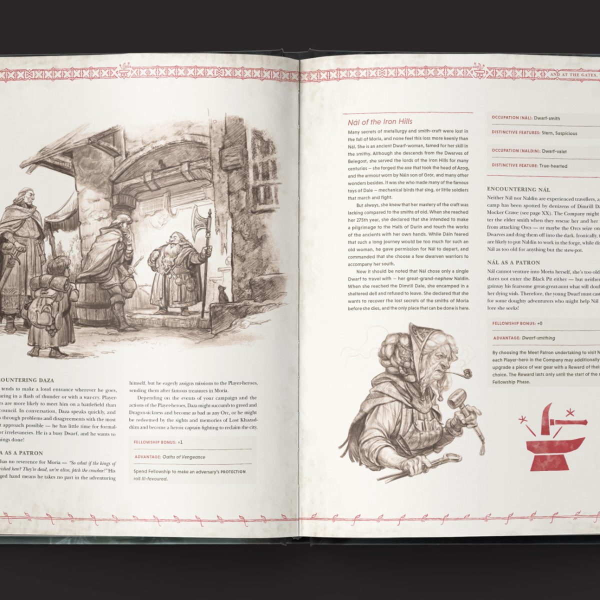 The One Ring RPG, Moria Through the Doors of Durin interior rules and artwork spread 1