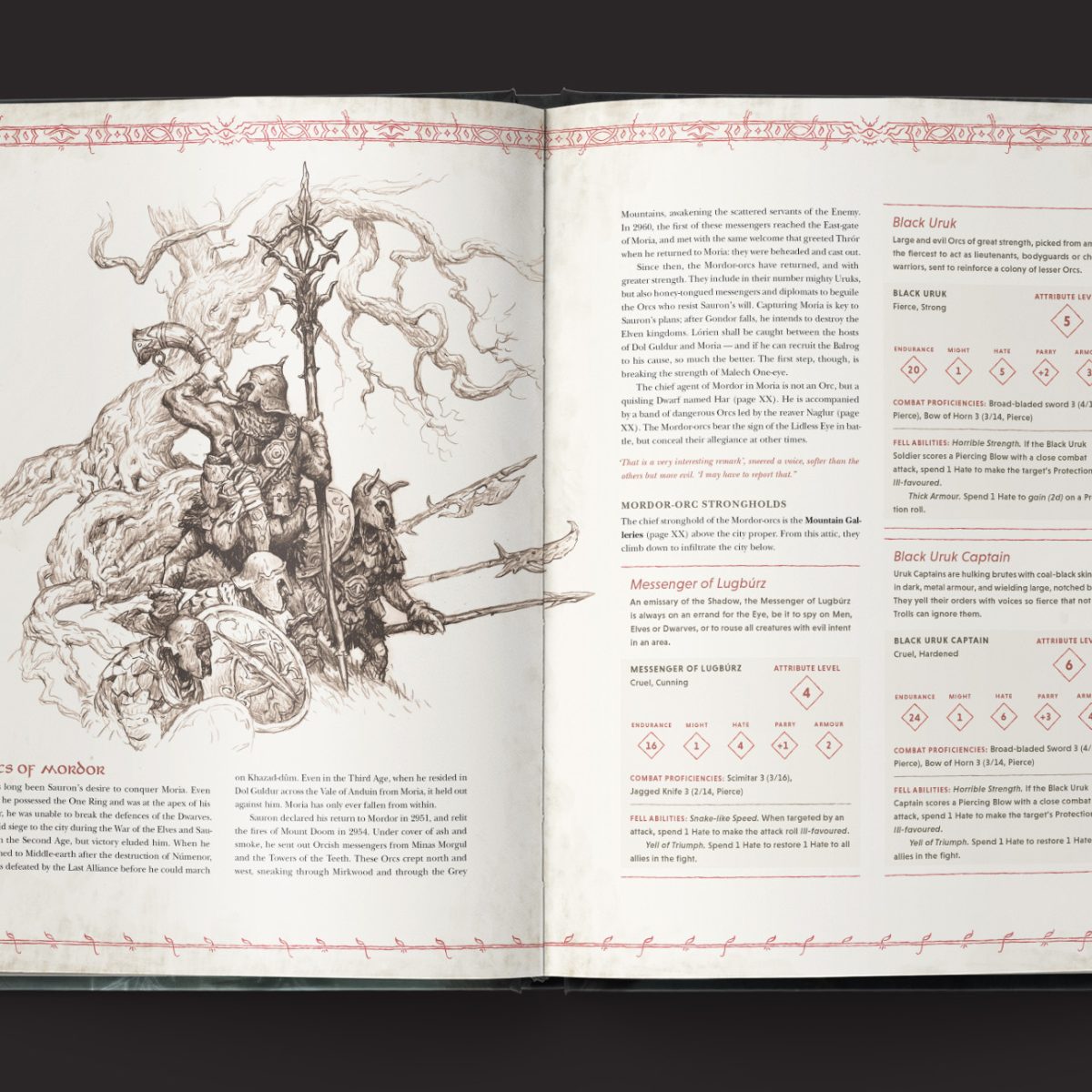 The One Ring RPG, Moria Through the Doors of Durin interior rules and artwork spread 3
