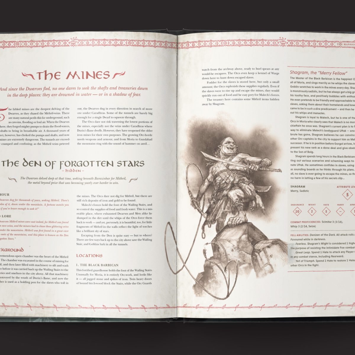The One Ring RPG, Moria Through the Doors of Durin interior rules and artwork spread 4