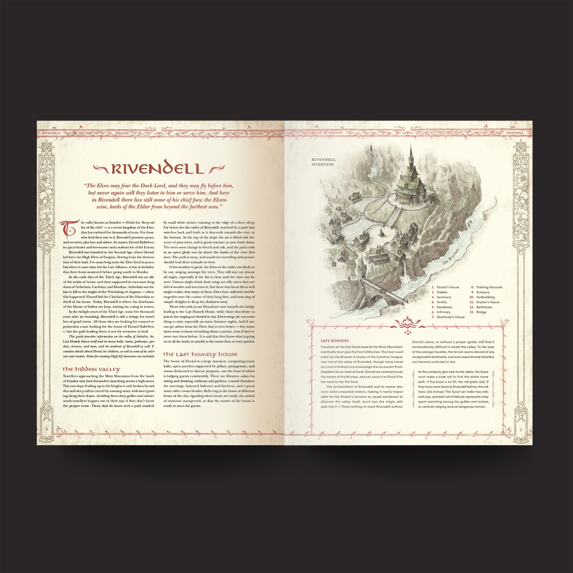 The One Ring RPG, Core Rules interior rules and artwork spread 1