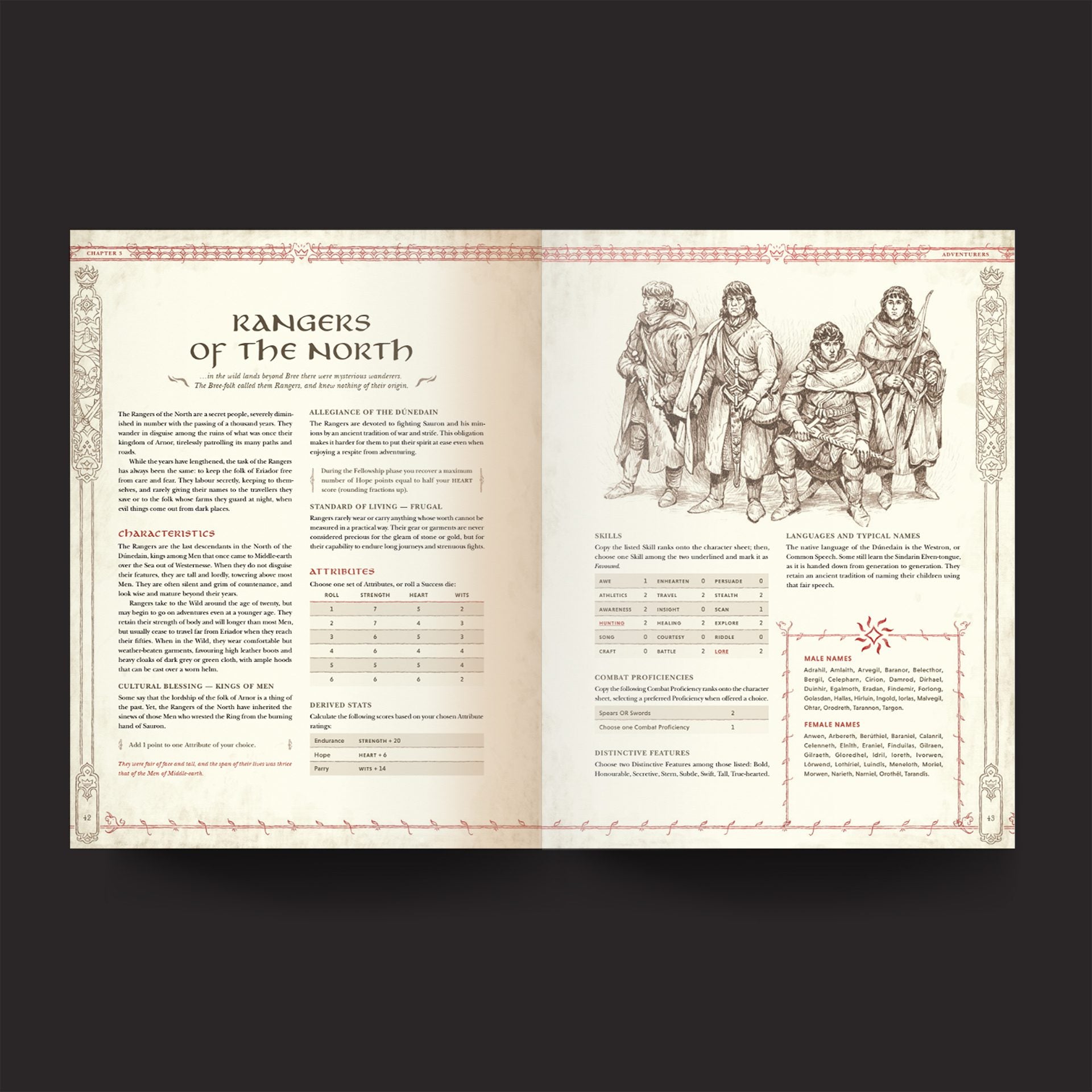 The One Ring RPG, Core Rules interior rules and artwork spread 2