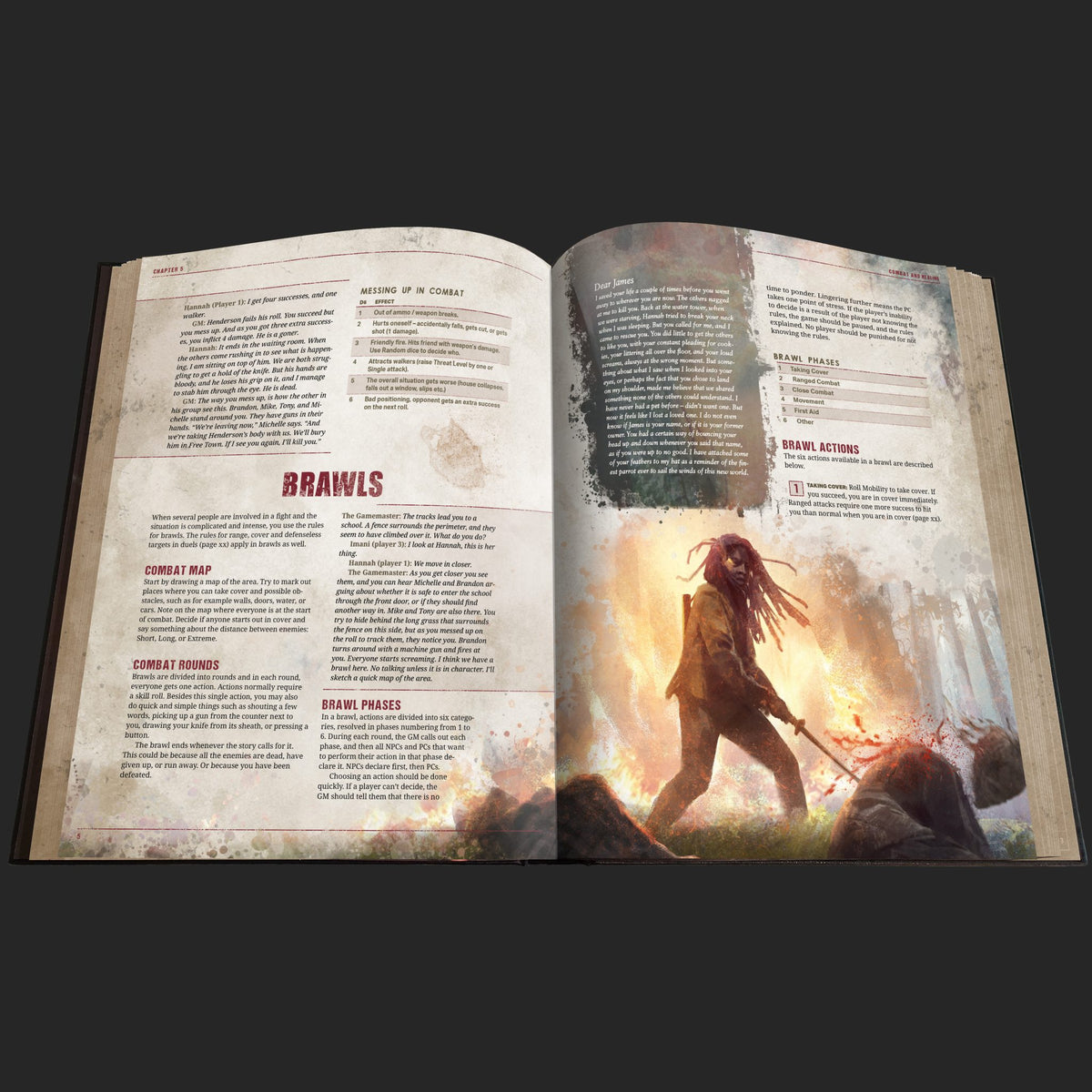 The Walking Dead Universe RPG, Core Rules interior rules and artwork spread 1