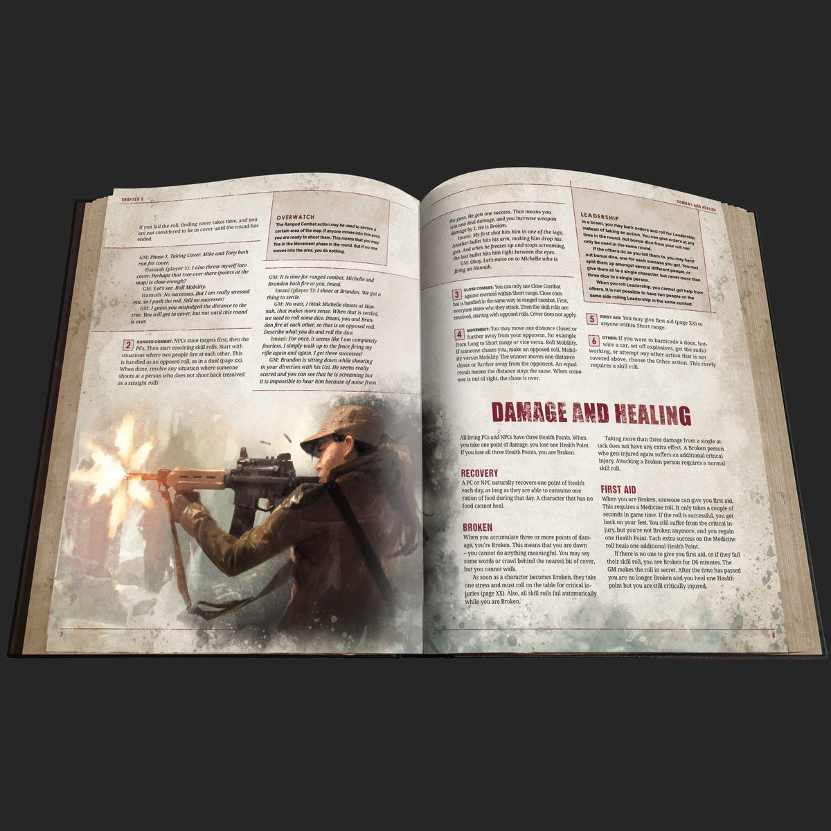 The Walking Dead Universe RPG, Core Rules interior rules and artwork spread 3
