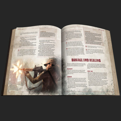The Walking Dead Universe RPG, Core Rules interior rules and artwork spread 3