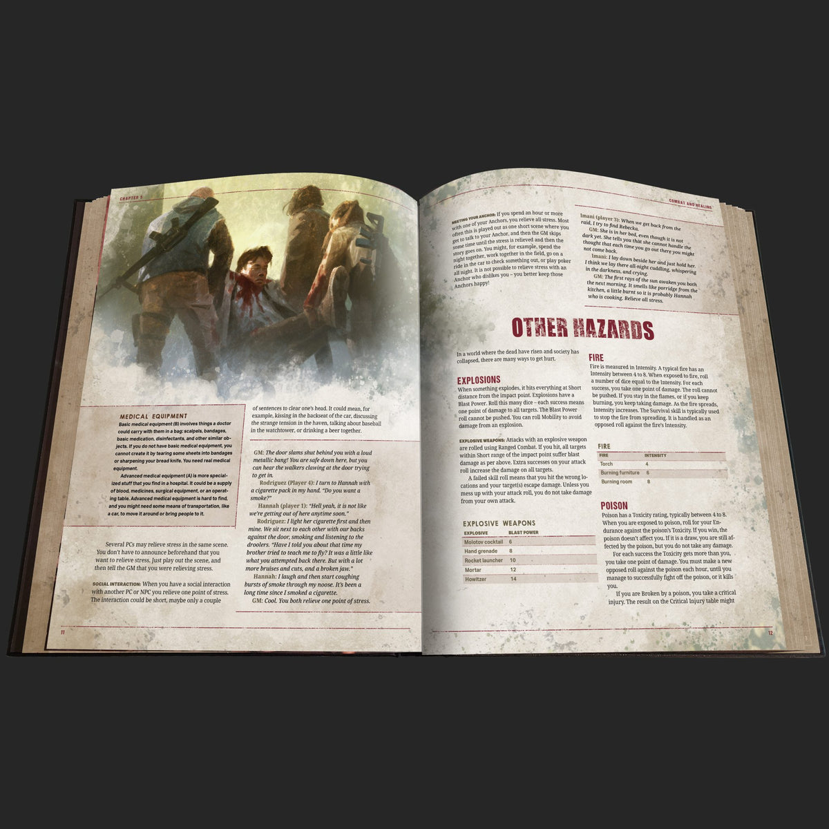The Walking Dead Universe RPG, Core Rules interior rules and artwork spread 4