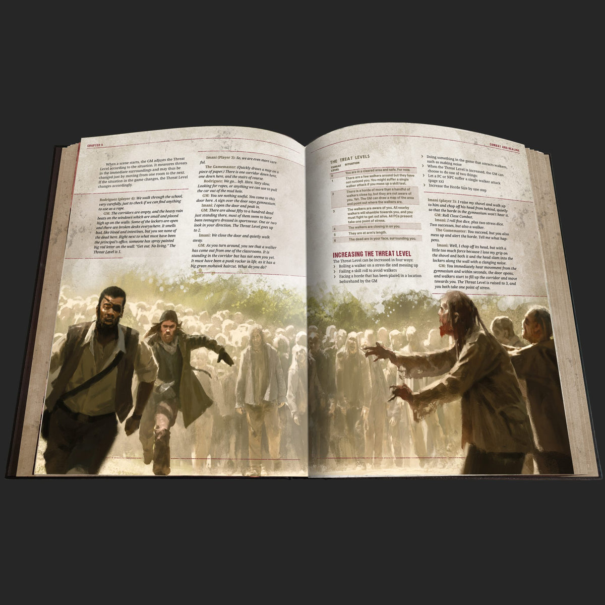 The Walking Dead Universe RPG, Core Rules interior rules and artwork spread 6