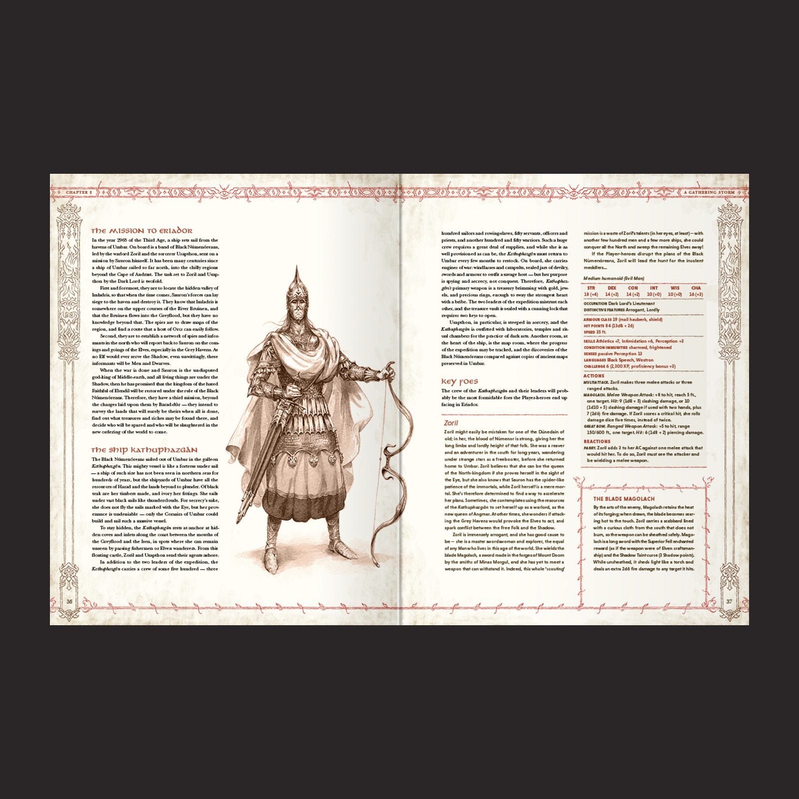 The Lord of the Rings RPG 5e, Ruins of Eriador interior rules and artwork spread 2