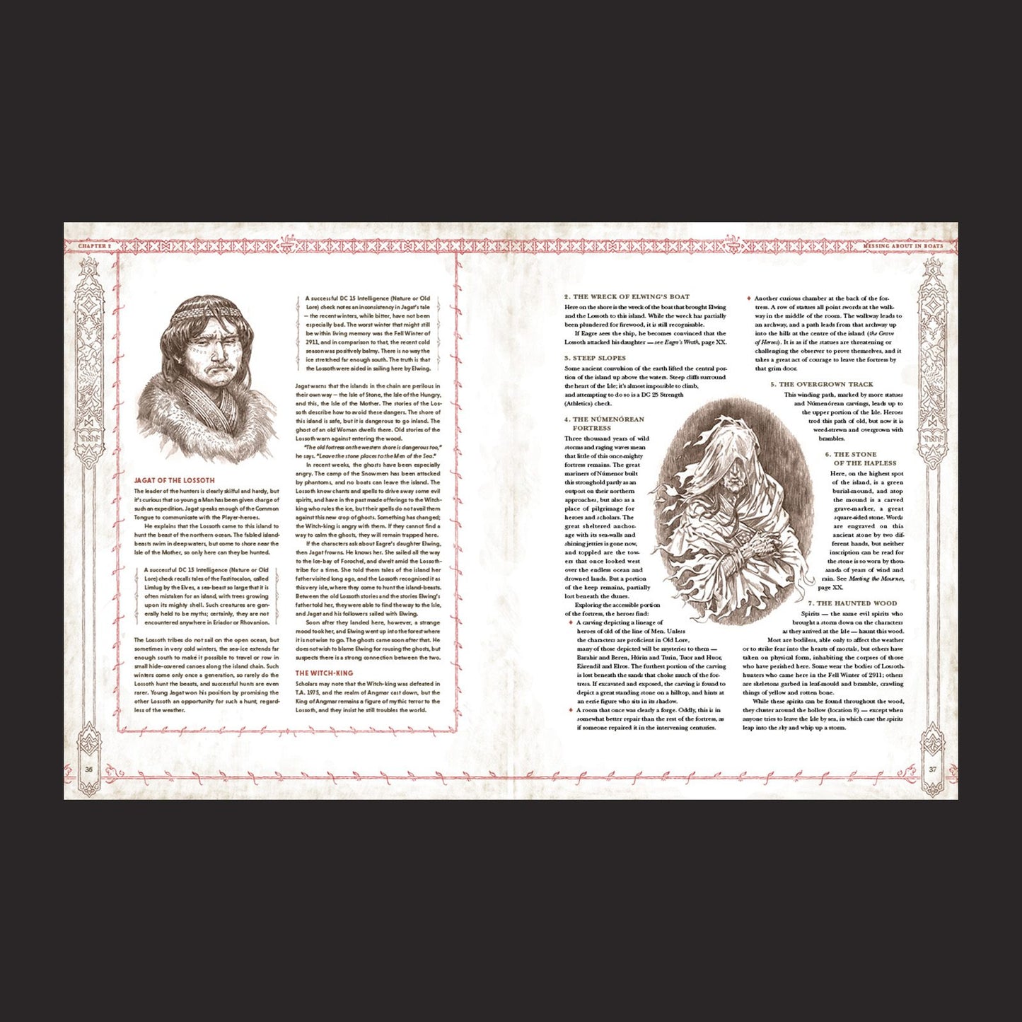 The Lord of the Rings RPG 5e, Tales From Eriador interior rules and artwork spread 1