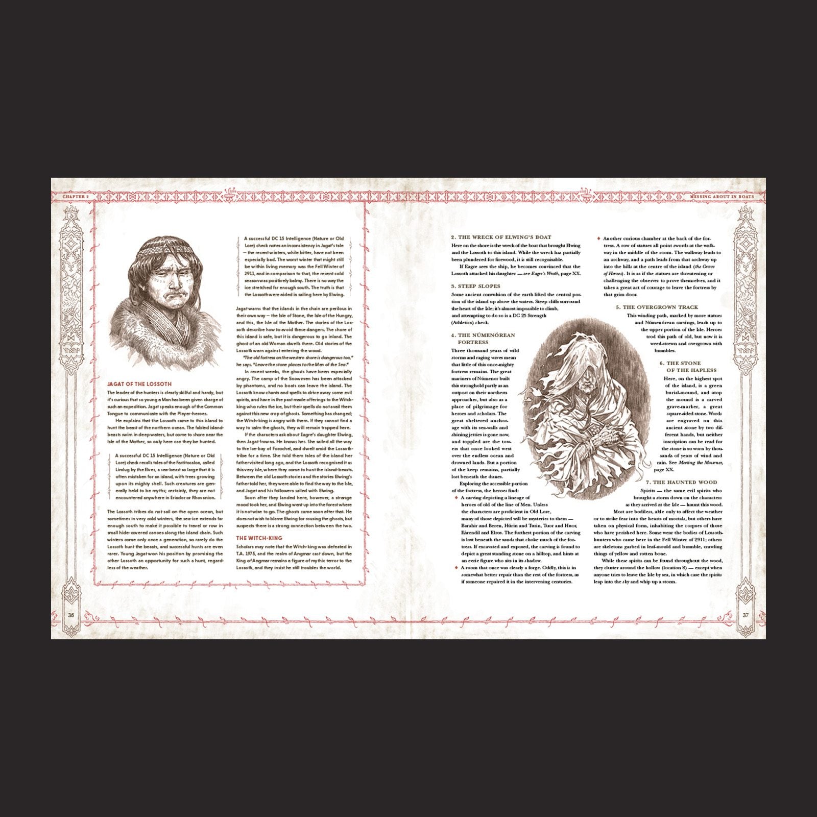 The Lord of the Rings RPG 5e, Tales From Eriador interior rules and artwork spread 1