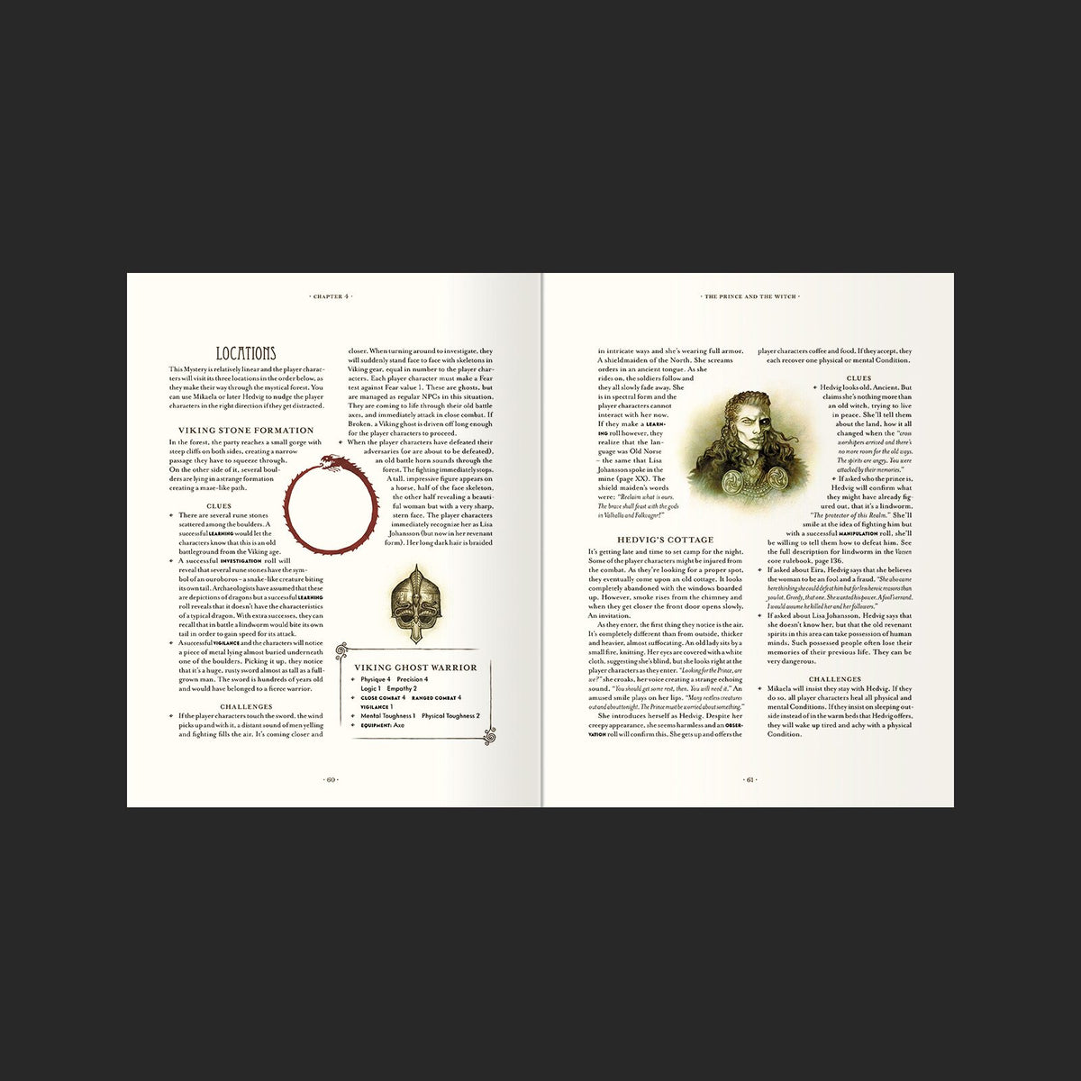 Vaesen The Lost Mountain Saga interior rules and artwork spread 3