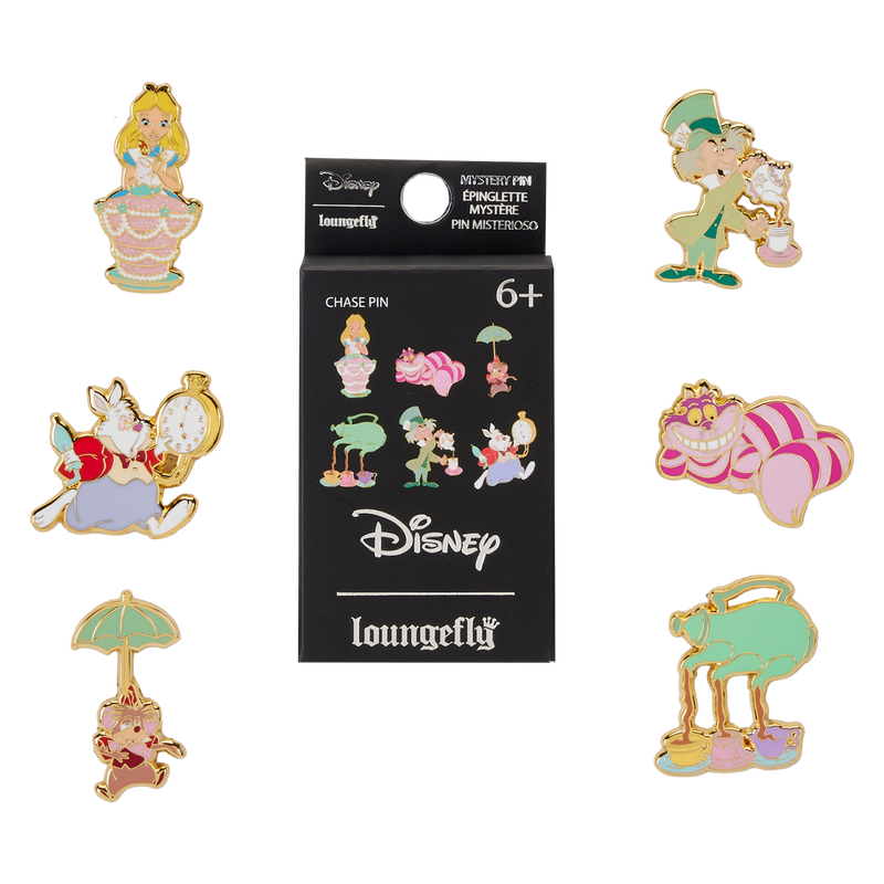 Loungefly Alice in Wonderland Unbirthday mystery box surrounded by all six possible enamel pin designs