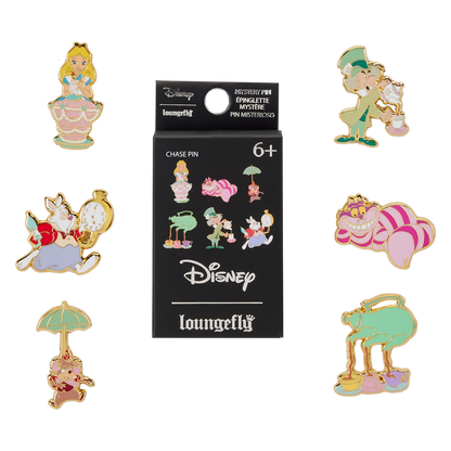 Loungefly Alice in Wonderland Unbirthday mystery box surrounded by all six possible enamel pin designs