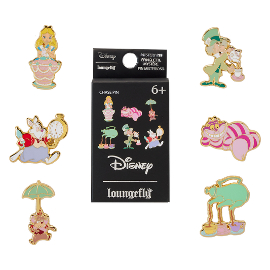 Loungefly Alice in Wonderland Unbirthday mystery box surrounded by all six possible enamel pin designs