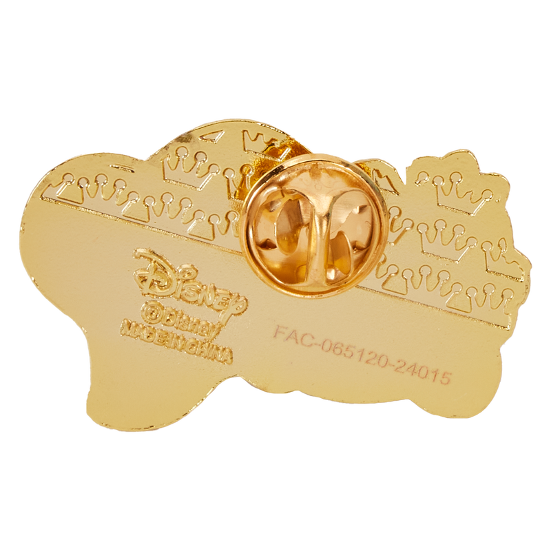 Back of a Loungefly Disney enamel pin showing gold-coloured hardware, crown pattern and Disney branding