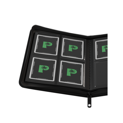 black 4 pocket zip binder holding 160 trading cards