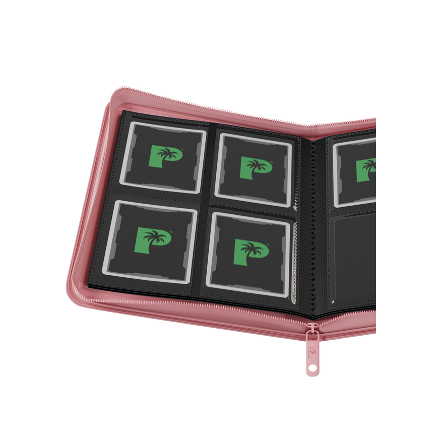 pink 4 pocket zip binder holding 160 trading cards
