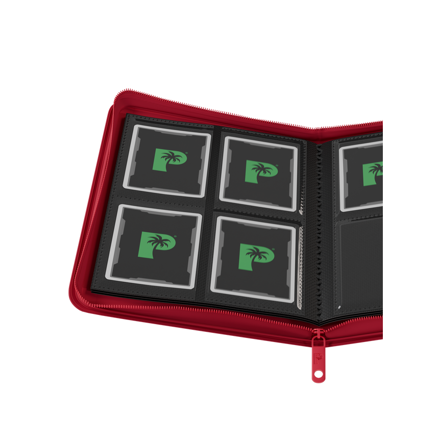Red 4 pocket zip binder holding 160 trading cards