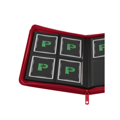 Red 4 pocket zip binder holding 160 trading cards