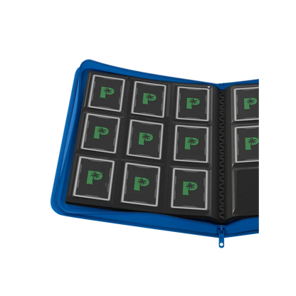 Palms Off Gaming blue binder with side-loading pages