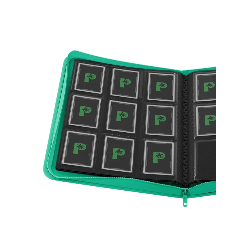 Palms Off Gaming turquoise binder with side-loading pages