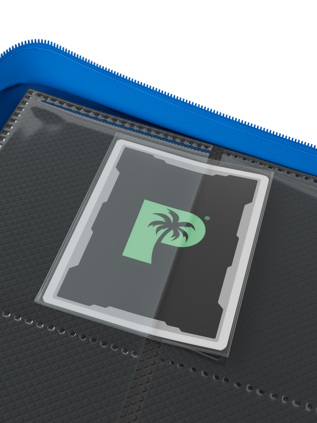 Palms Off Gaming blue binder with side-loading pages