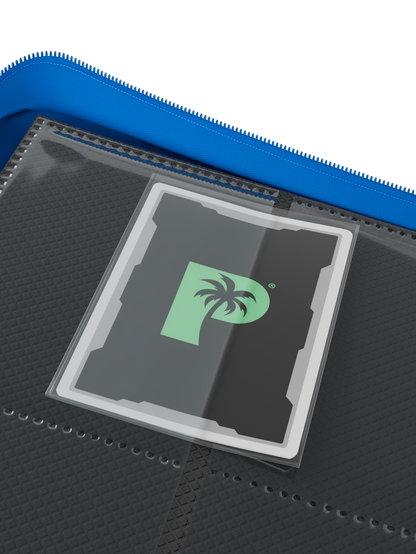Palms Off Gaming blue binder with side-loading pages