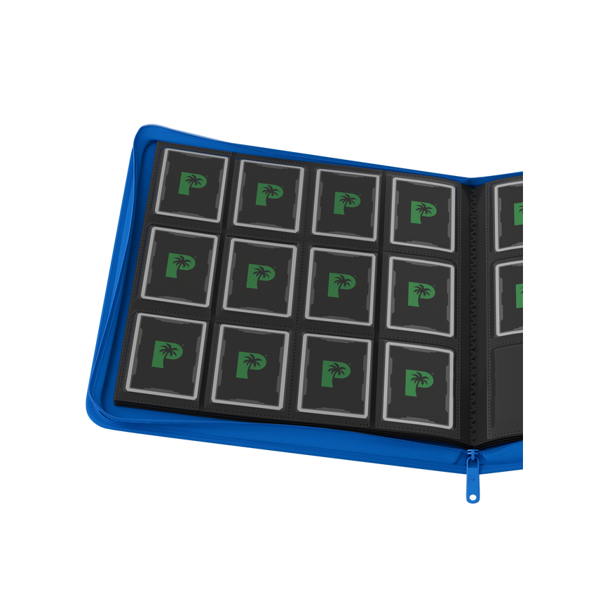 Palms Off Gaming blue binder with side-loading pages