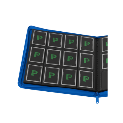 Palms Off Gaming blue binder with side-loading pages