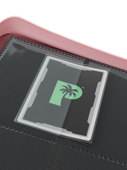 pink 12 pocket zip binder holding 160 trading cards