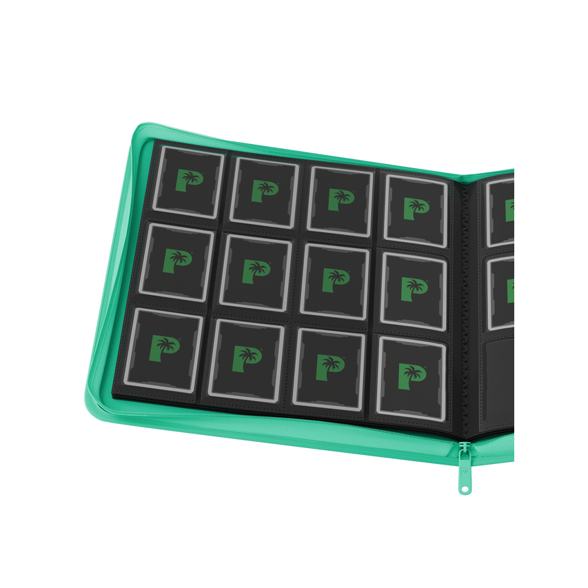 Palms Off Gaming turquoise binder with side-loading pages