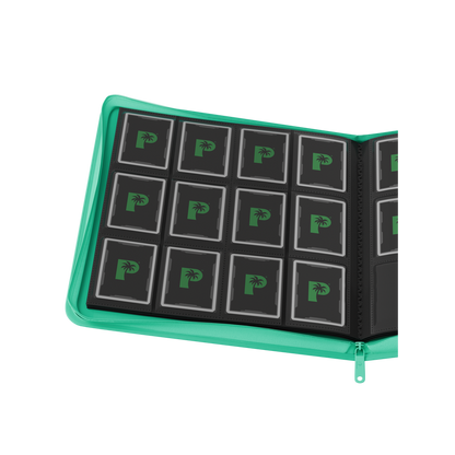 Palms Off Gaming turquoise binder with side-loading pages